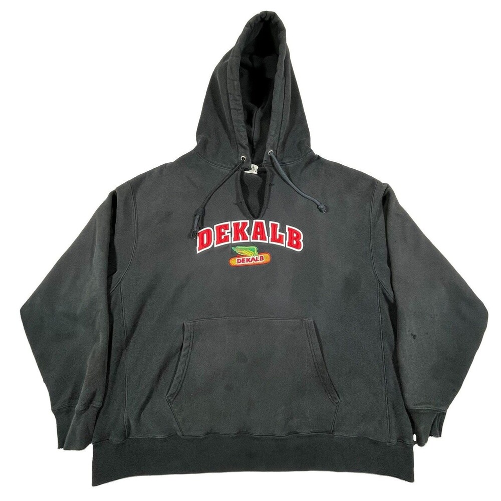Vintage Champion Reverse Weave DEKALB Hoodie Black 2XL Distressed Farm Ag